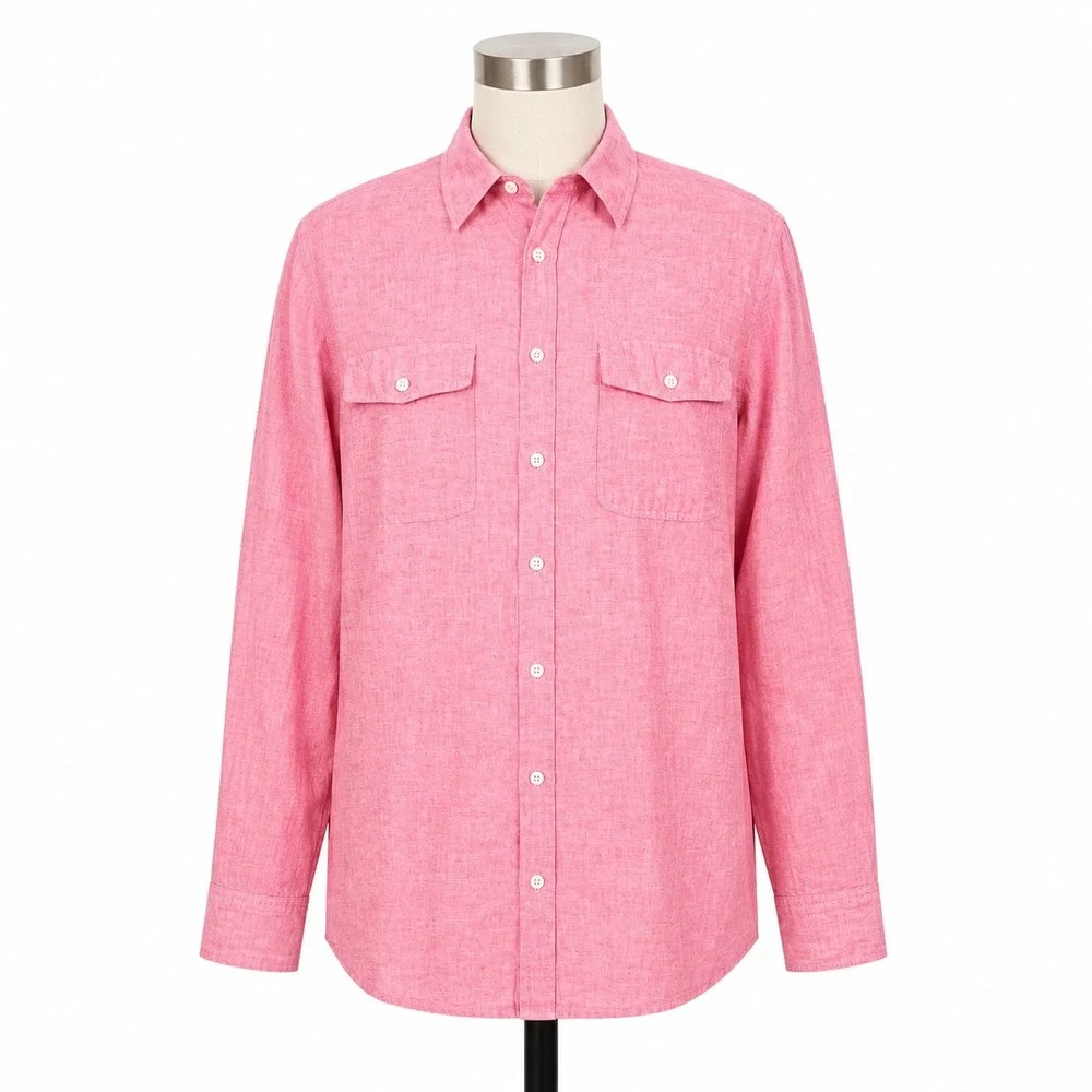 Banana Republic Shirt Mens Large Pink Linen Blend Long Sleeve Dual Pocket Casual